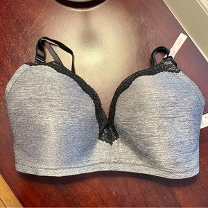 R Line 34DD Gray with Black Lace Wireless Bra